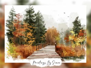 Tranquil painting of a forest path with vibrant foliage.