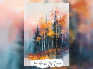 Vibrant painting of an autumn forest with rich colors.