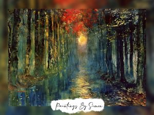 Mystical painting of an enchanted forest with ethereal light.