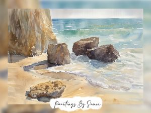 Watercolor painting of a seascape with coastal rocks and sea