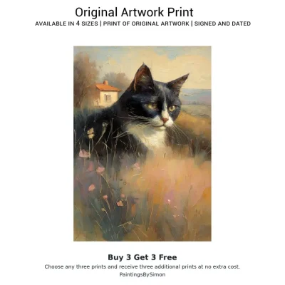 Black and White Cat Meadow Print on Matte Paper | Feline Wall Art
