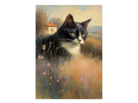 Black and White Cat Meadow Print on Matte Paper | Feline Wall Art