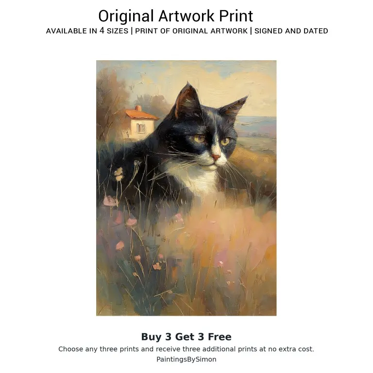 Black and White Cat Meadow Print on Matte Paper | Feline Wall Art