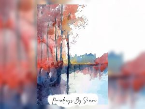Serene autumn landscape watercolor painting