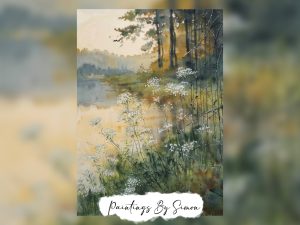 Serene painting of wildflowers by a lake