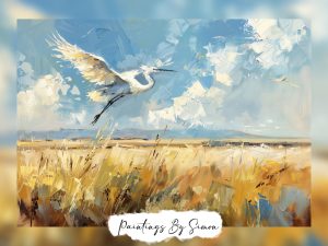 Graceful heron soaring over golden fields