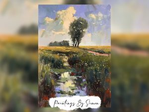 Serene painting of a countryside stream