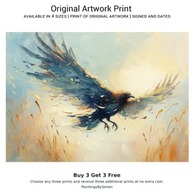 Raven Flying Print on Matte Paper | Gothic Bird Wall Art