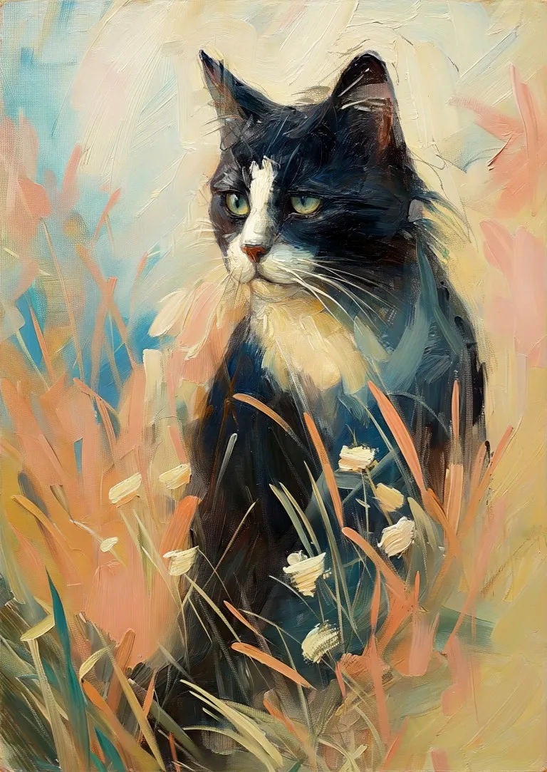 Black and White Cat Floral Print on Matte Paper | Elegant Feline Wall Art