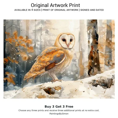 Barn Owl Winter Print on Matte Paper | Woodland Bird Wall Art
