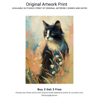 Black and White Cat Floral Print on Matte Paper | Elegant Feline Wall Art