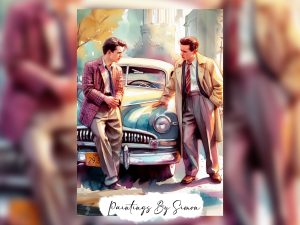 Two men in conversation by a vintage car