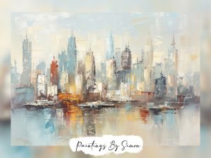 Impressionistic oil painting of a cityscape reflection