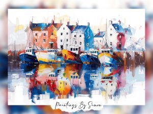 Expressive oil painting of a colorful harbor scene