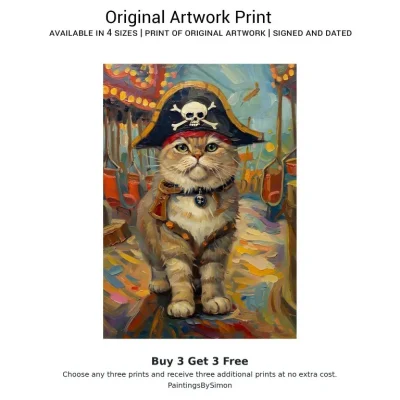 Pirate Cat Print on Matte Paper | Funny Cat Wall Art