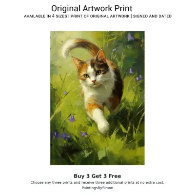 Cat Nature Oil Print on Matte Paper | Playful Feline Wall Art