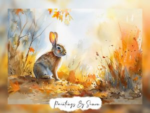 A serene watercolor painting of a rabbit amidst autumn foliage.