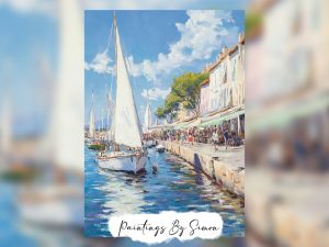 Vibrant harbor scene with sailboats and cafes