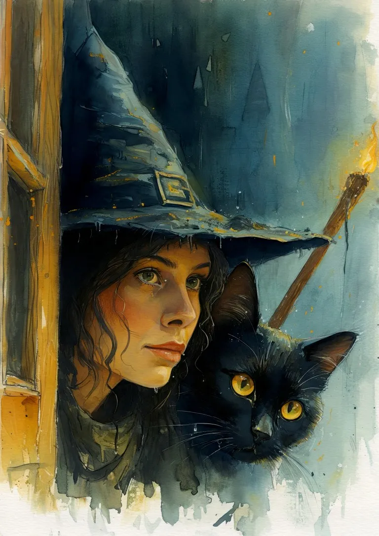 Witch Black Cat Print on Matte Paper | Gothic Fantasy Art