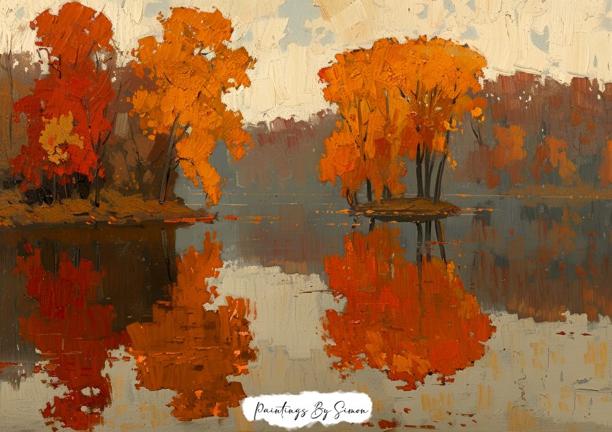 Autumn landscape painting with vibrant orange trees and lake reflections
