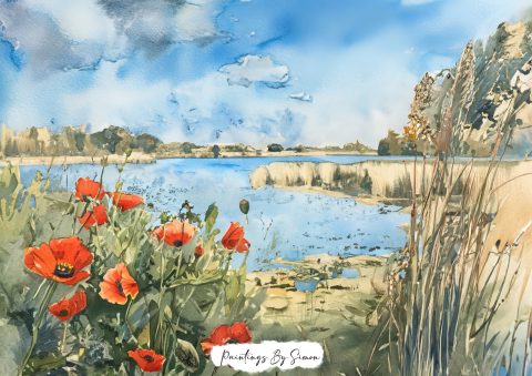 Red poppies in a peaceful landscape by a calm lake, painted in watercolor