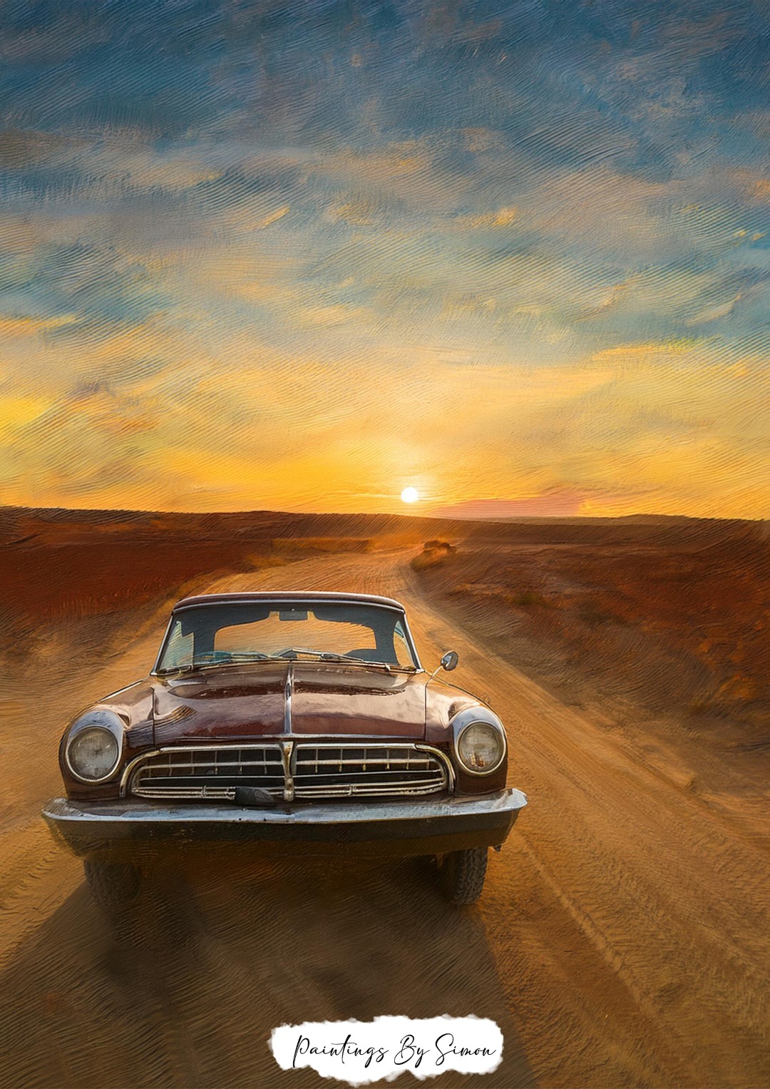 Vintage classic car driving into the sunset along a desert road.