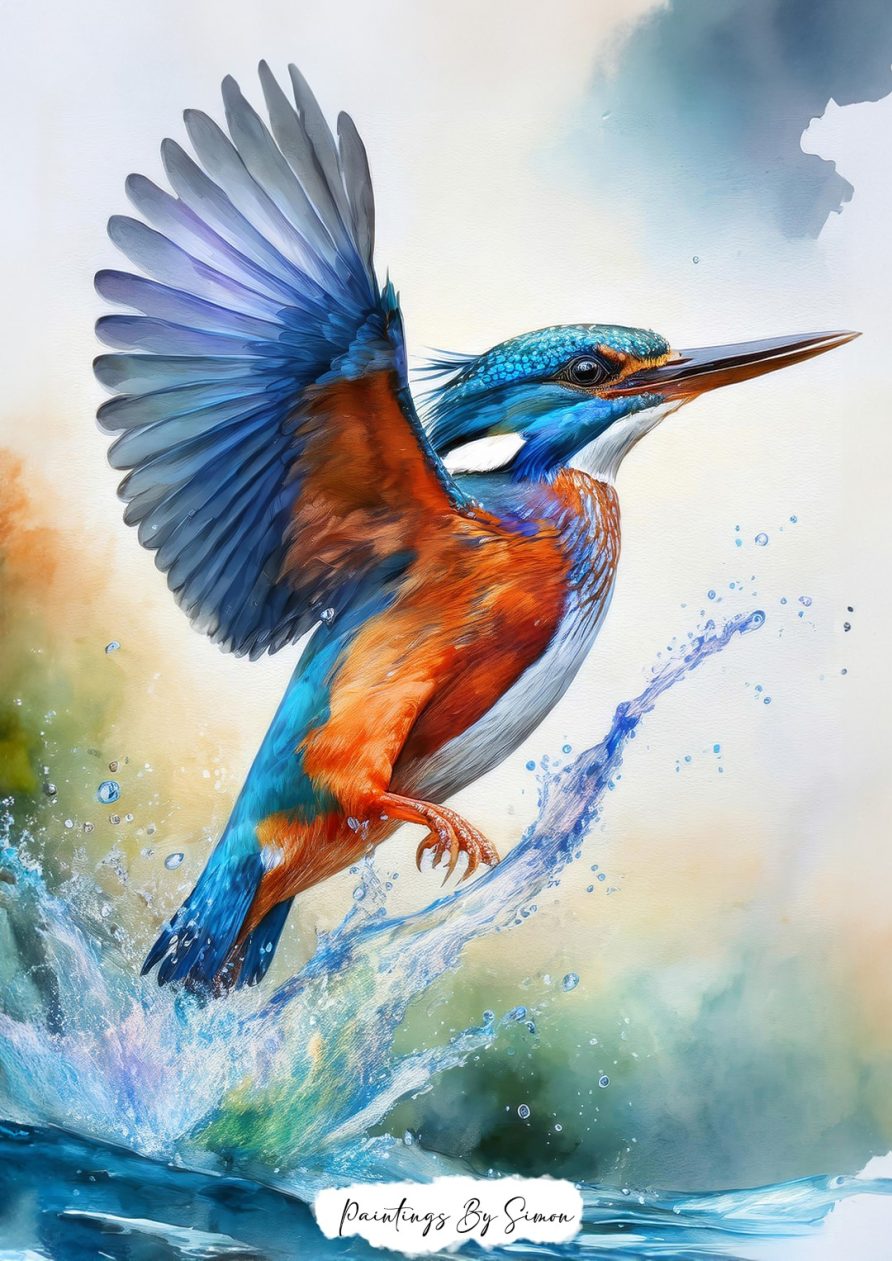 Colorful kingfisher flying over water in a stunning watercolor scene.