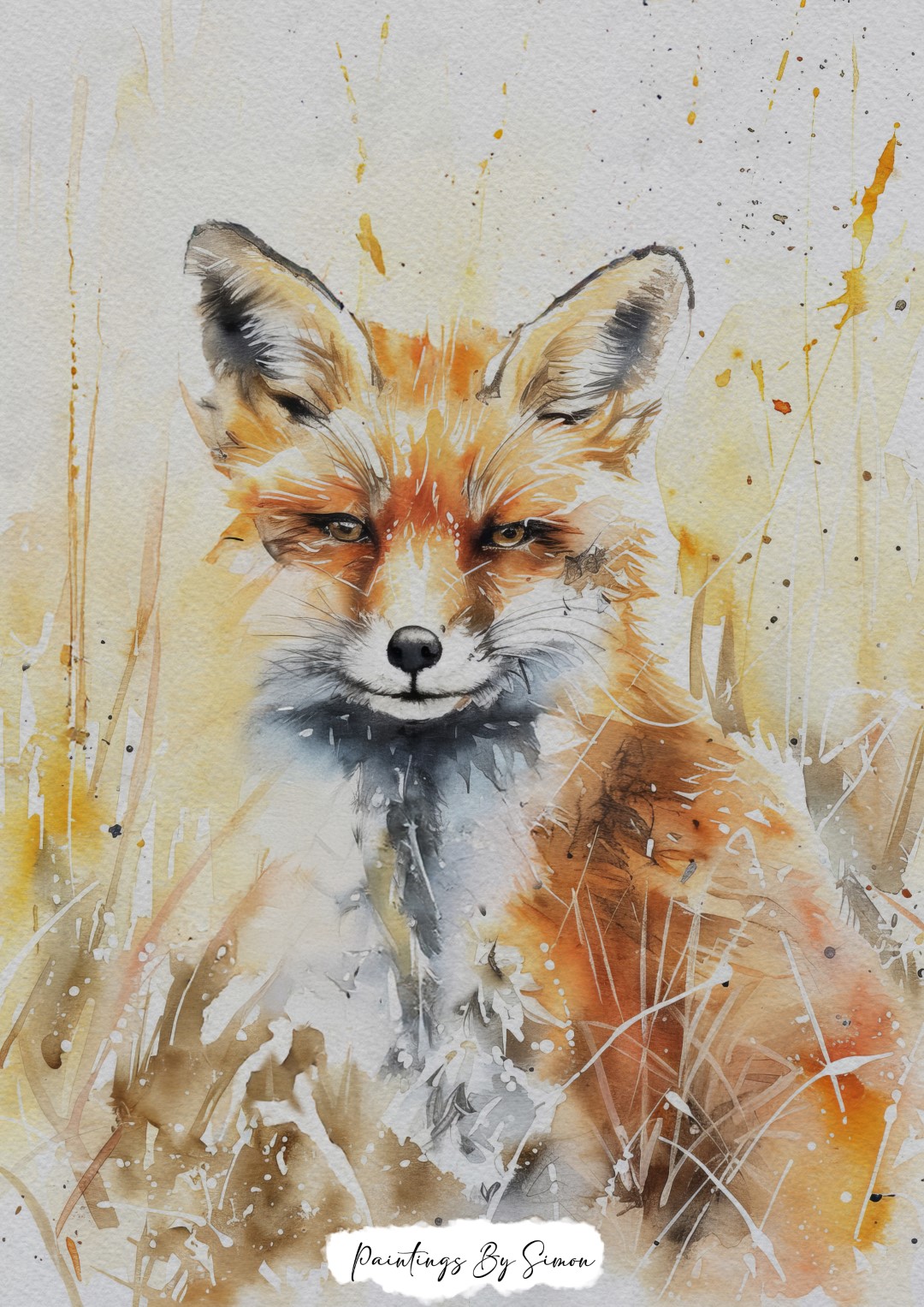 Watercolor print of fox in tall grass with intense gaze