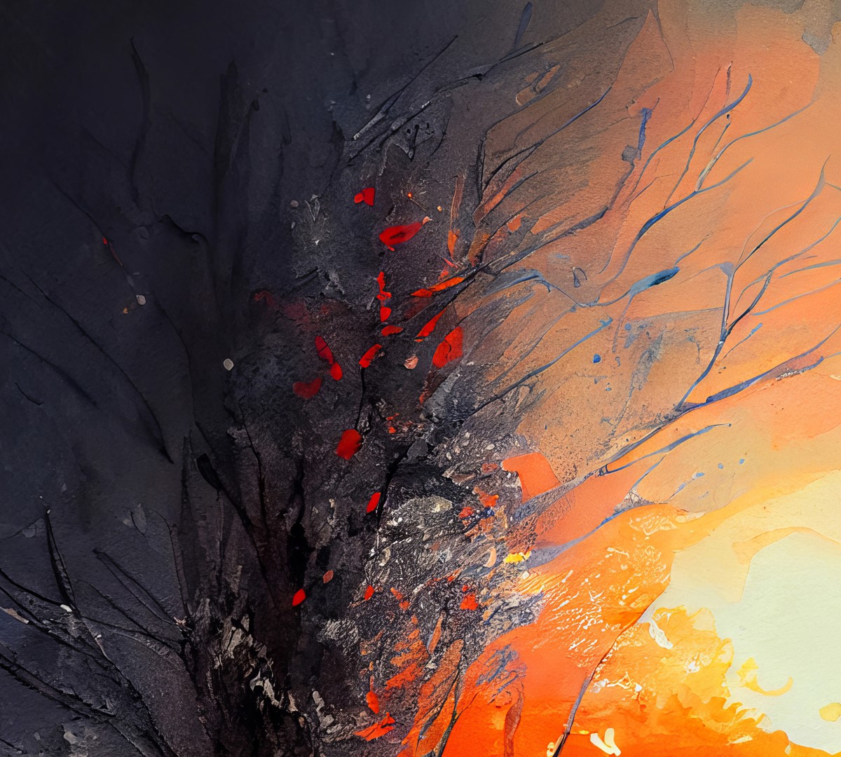 Winter sunset painting with intense colors and a solitary figure in the snow