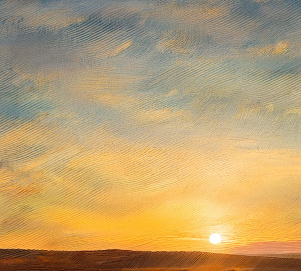 Classic car traveling into a golden sunset with desert landscape.