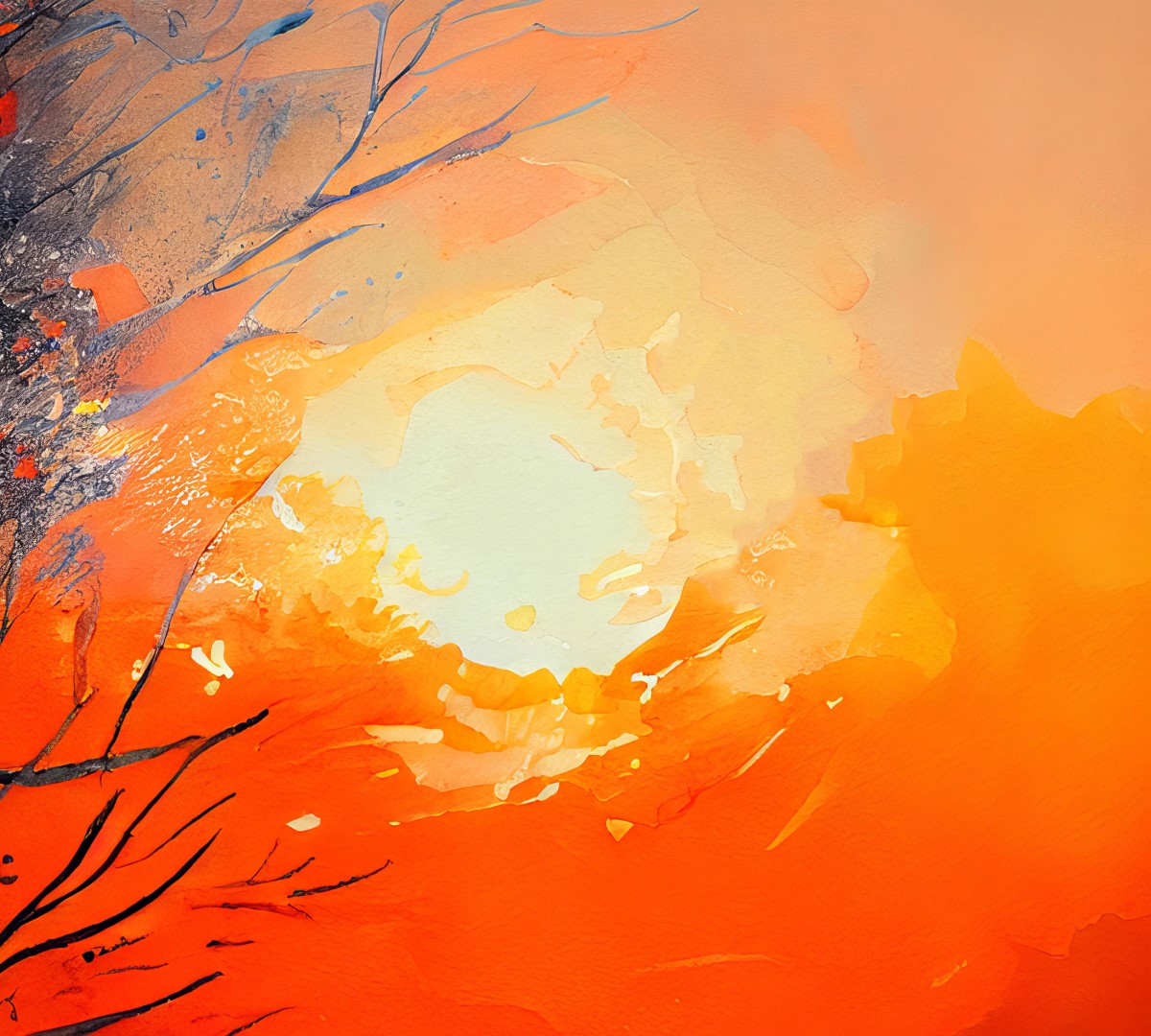 Striking red and orange sunset over a snow-covered landscape with dark trees.