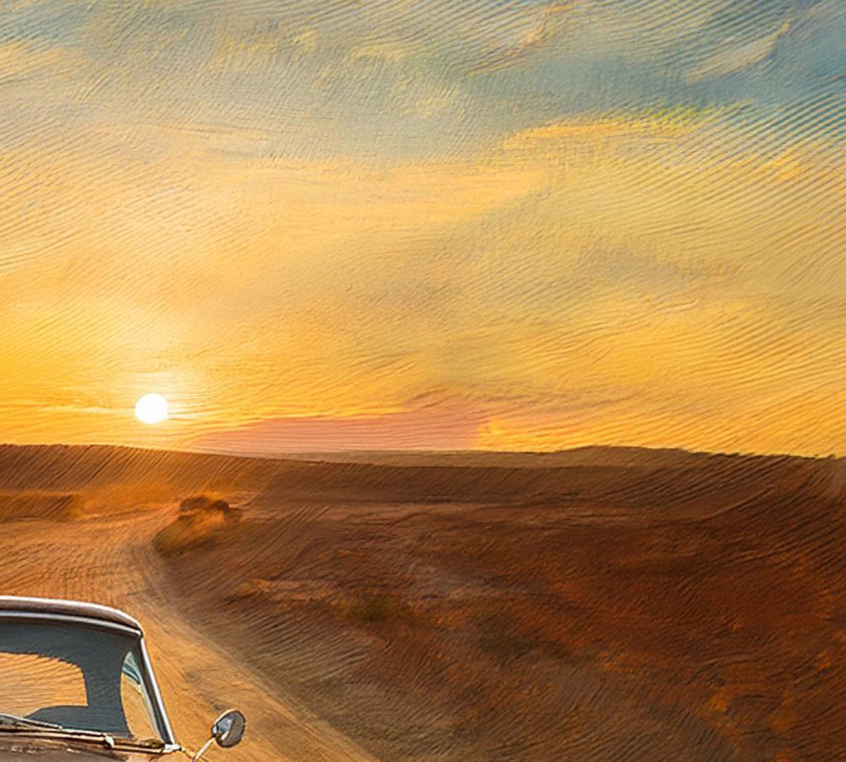 Vintage car driving along a winding road as the sun sets on the horizon.