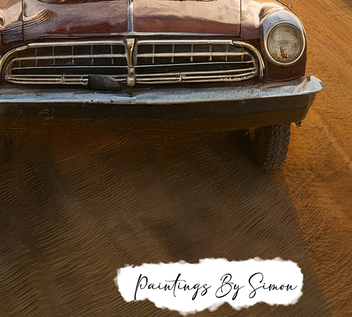 Beautiful sunset painting featuring a classic car on a desert road.