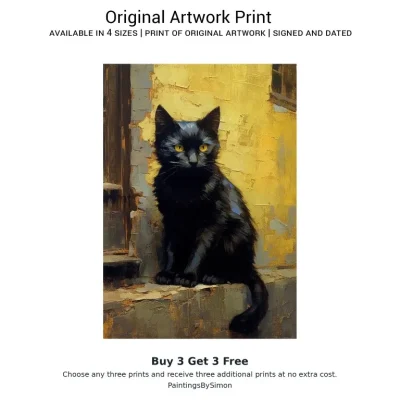 Black Cat Golden Eyes Print on Matte Paper | Gothic Cat Wall Art