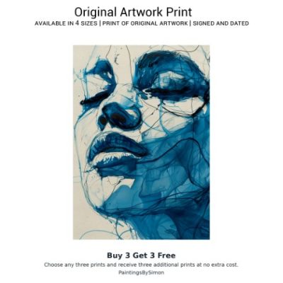 Expressive Abstract Blue Face Art, Watercolor Painting Print on Matte Paper