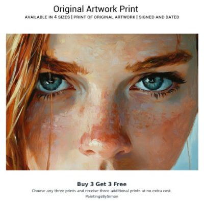 Captivating Portrait of Intense Blue Eyes in Oil, Oil Painting Print on Matte Paper
