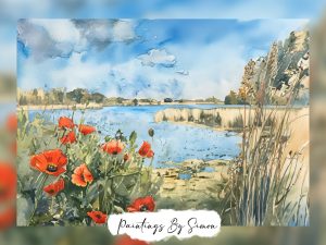 Watercolor painting of a vibrant poppy field by a serene lake under a blue sky
