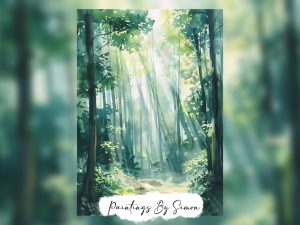 Sunlight streaming through a peaceful forest in a soft watercolor painting.