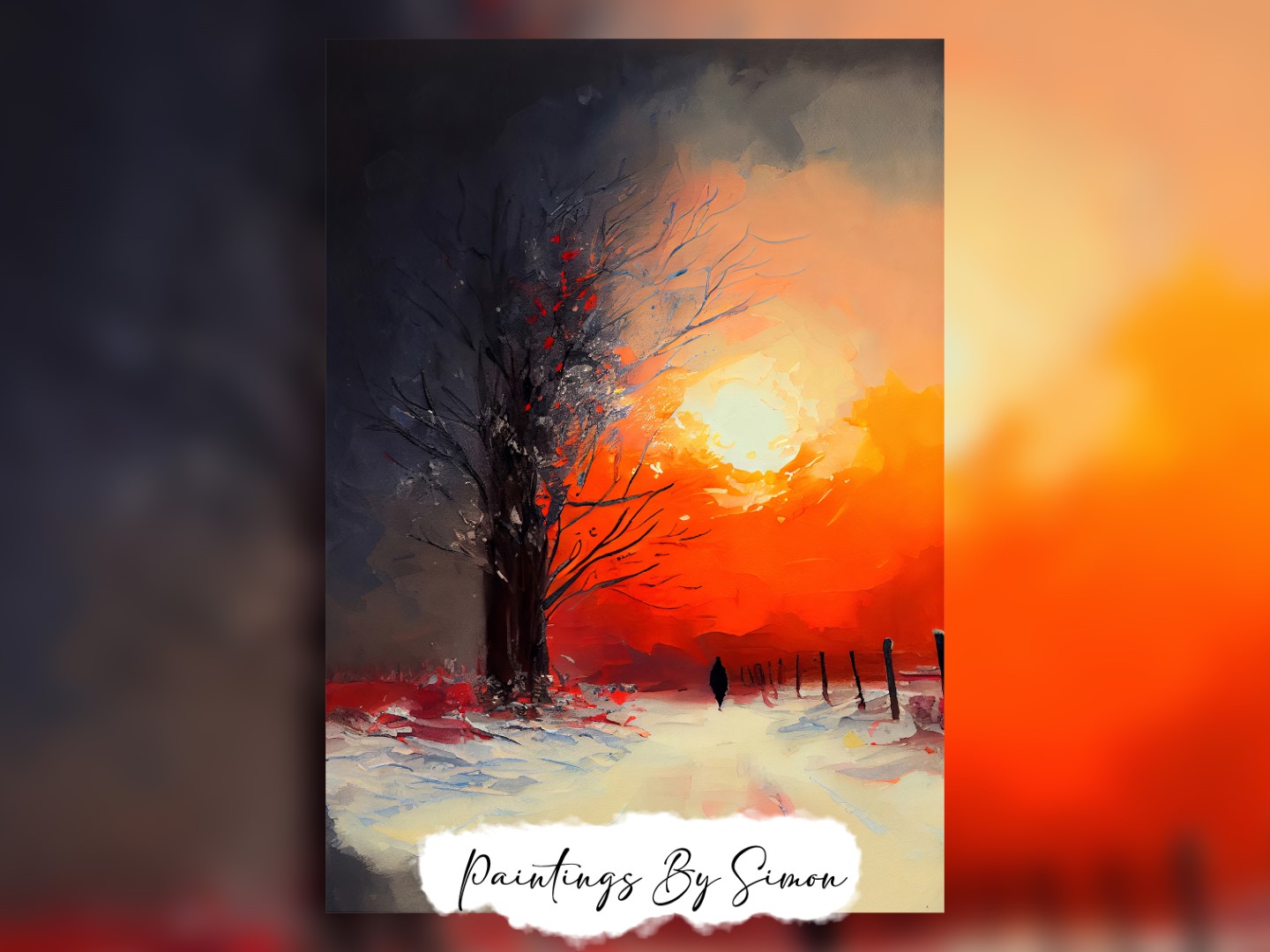 Lone silhouette walking under a fiery winter sunset in vibrant colors.