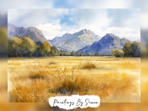 Serene mountain landscape painting with golden fields and distant mountains