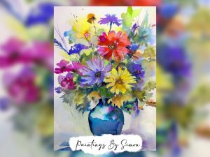 Vibrant floral watercolor painting with a colorful bouquet in a blue vase.