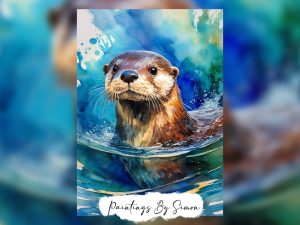 Watercolor portrait of a playful otter with fluid brushstrokes and vibrant hue