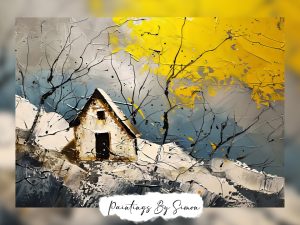 Abstract landscape painting with a small cottage and vibrant yellow sky.