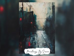 Moody urban nightscape with streetlights.