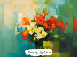 Bold abstract floral bouquet with red and yellow flowers.