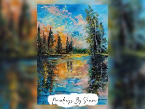Abstract reflection of a forest on a colorful lake with bold brushstrokes.