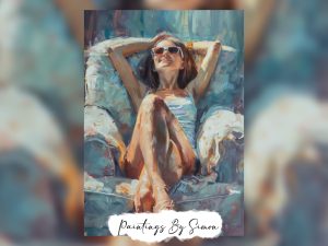 Vibrant painting of a woman lounging in the sun with carefree summer vibes.