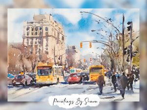 Vibrant urban street scene watercolor print