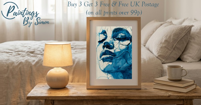 Expressive Abstract Blue Face Art, Watercolor Painting Print on Matte Paper
