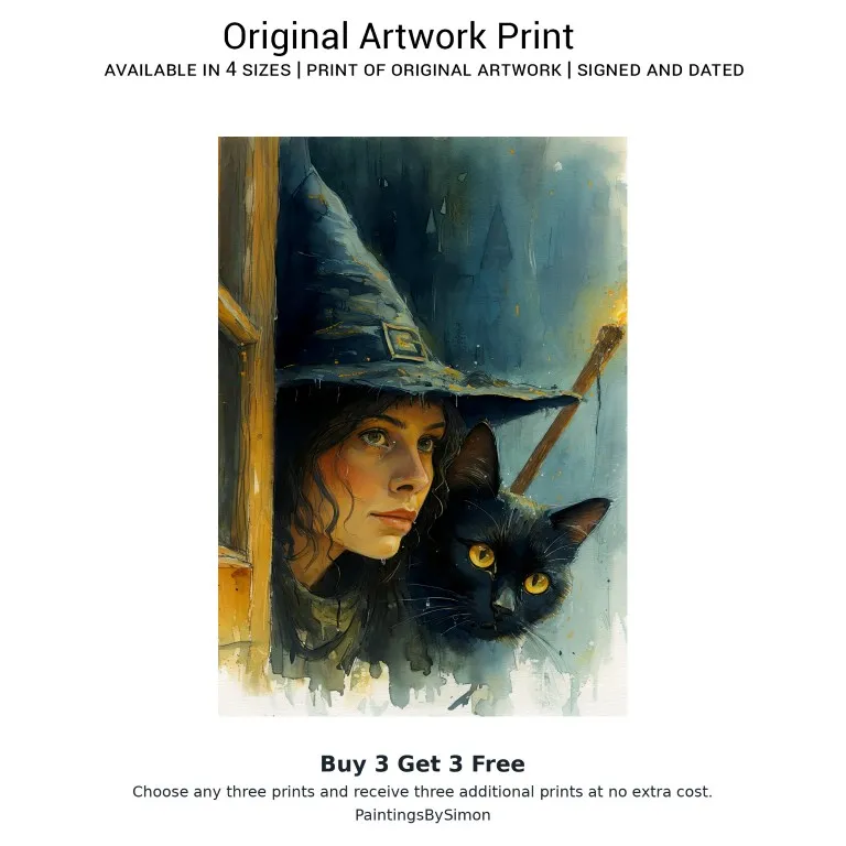 Witch Black Cat Print on Matte Paper | Gothic Fantasy Art